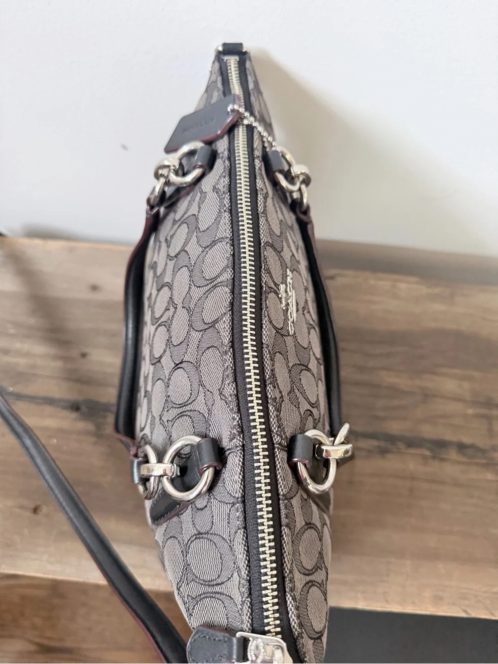 Coach Gray Signature Canvas Kelsey Satchel Bag with Black Leather Trim and Strap